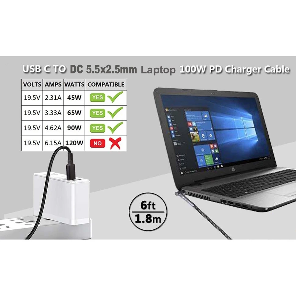 1.8m 100W USB-C Type-C to DC 5 - Laptop Lock Cable avis et prix
